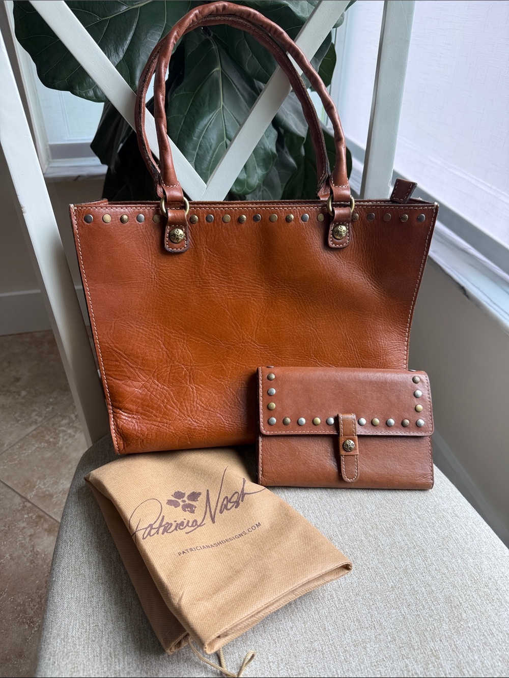 Patricia Nash Zancona Leather Studded Tote with Wallet Set/ Dust Cover